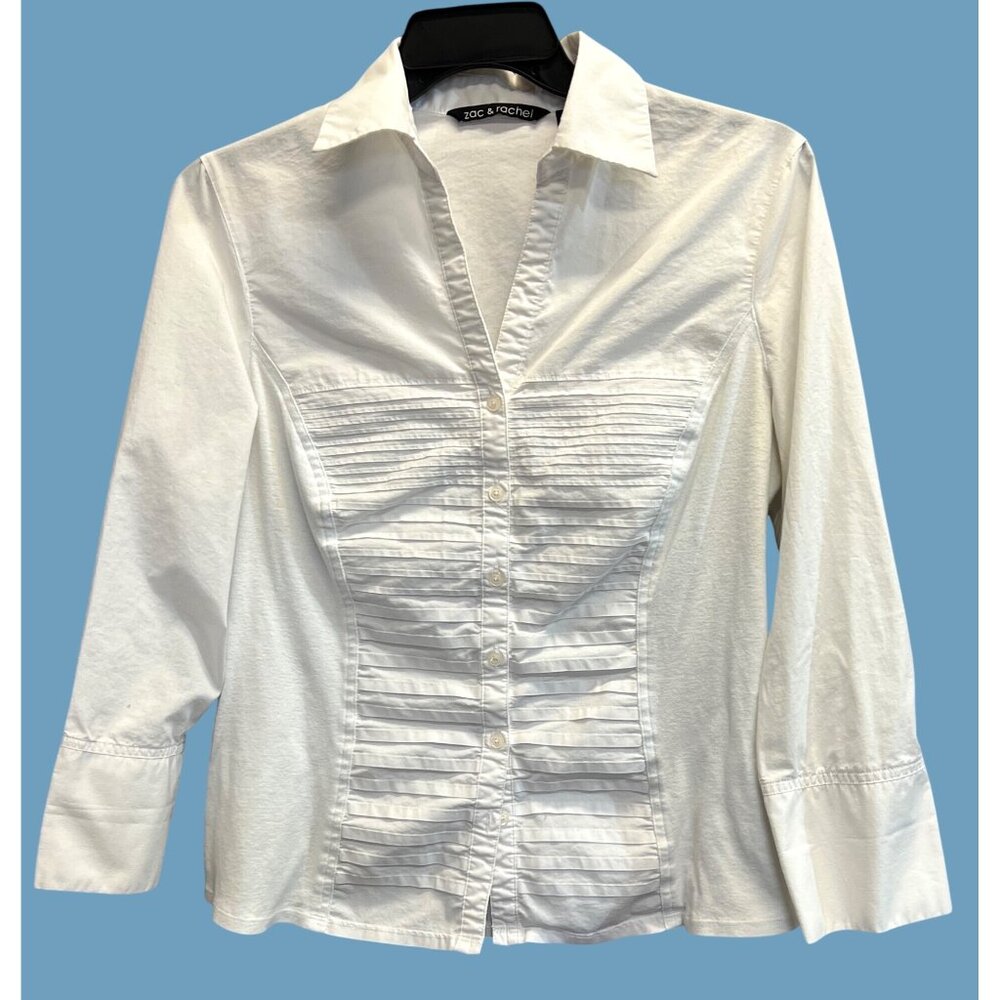 Zac & Rachel Collared V Neck White Buttons Ribbed Front Design Blouse Shirt XL